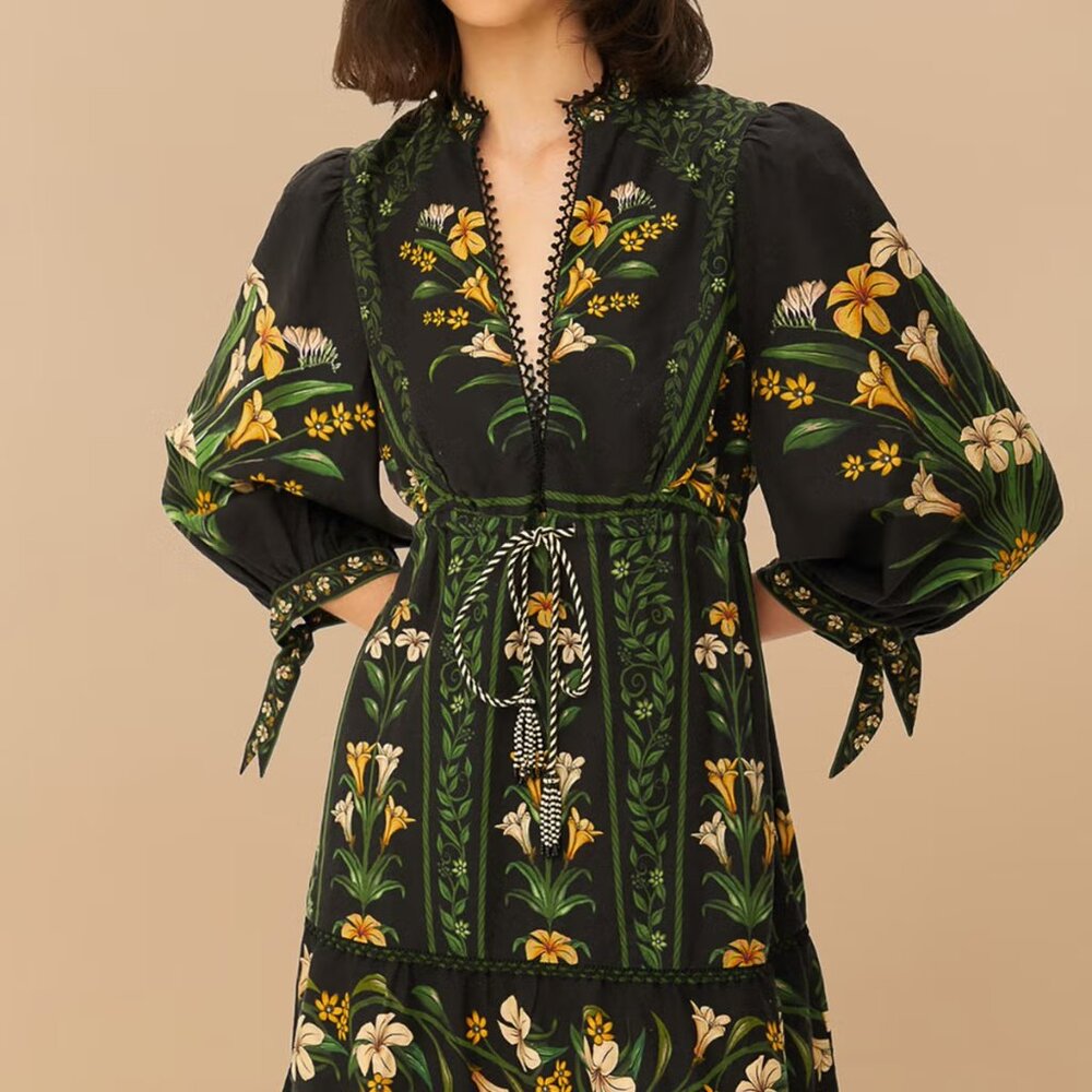 FARM Rio Black Flowers Arch Lenzing™ Ecovero™ Euroflax™ Mini Dress XL NWT - Picture 2 of 5